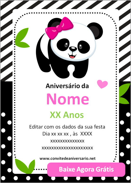 convite de aniversário de Urso Panda Rosa