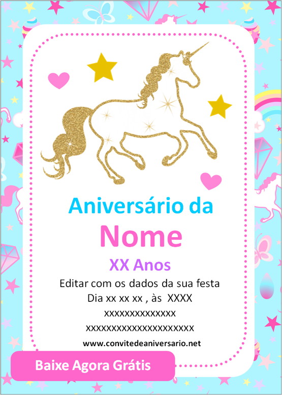 convite de aniversário de unicórnio