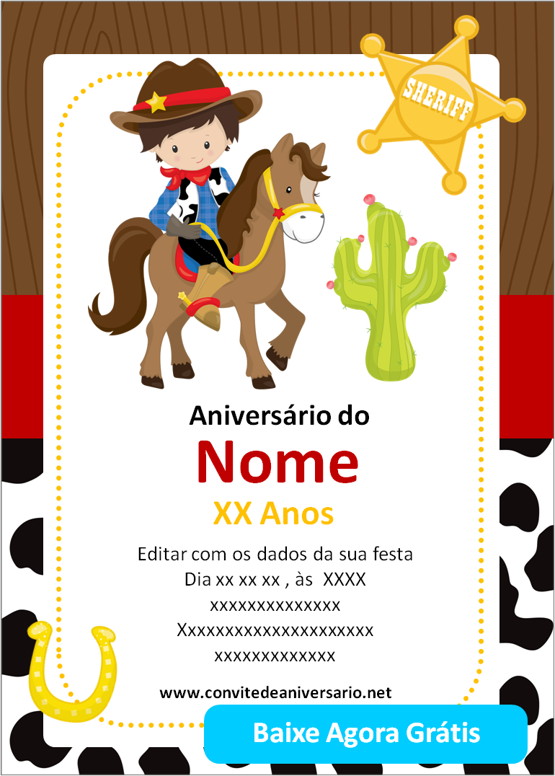 convite de aniversário de Cowboy