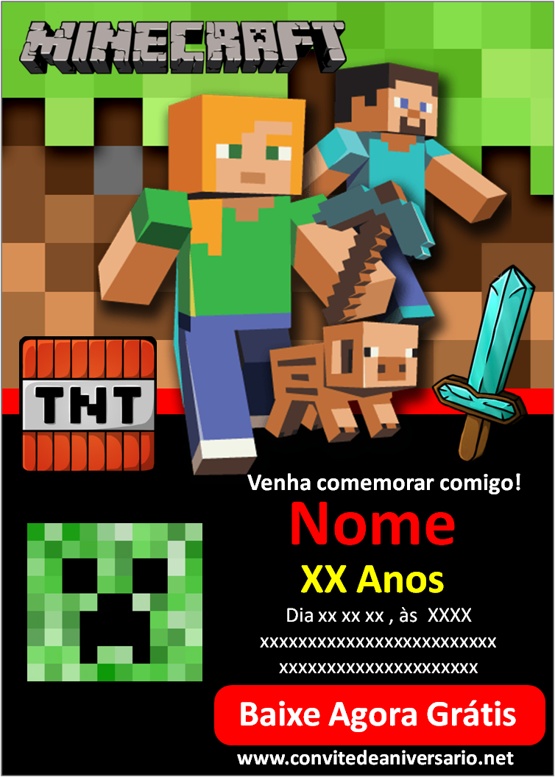 ▷ Convite Digital Aniversário de Minecraft, GRÁTIS