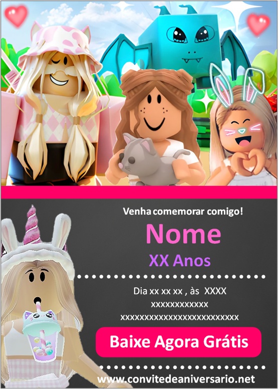 Convite Roblox Rosa, Convite Roblox Feminino 