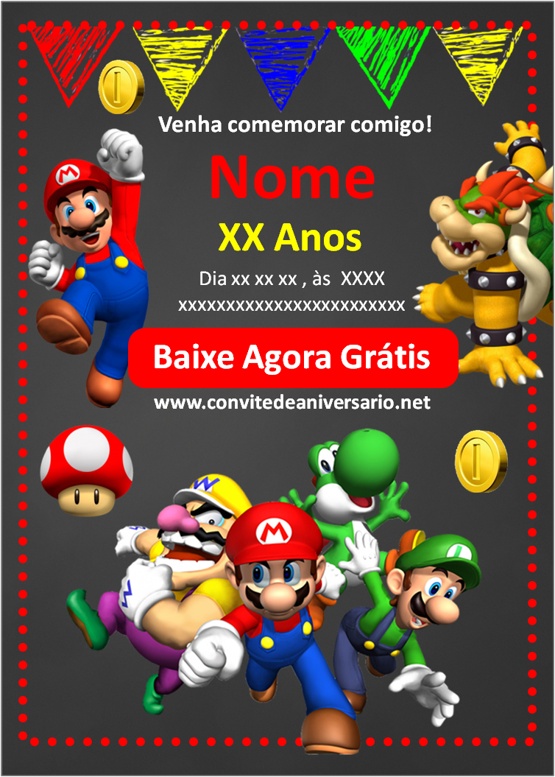 Procura um Convite Super Mario Grátis ? Baixe Grátis este kit