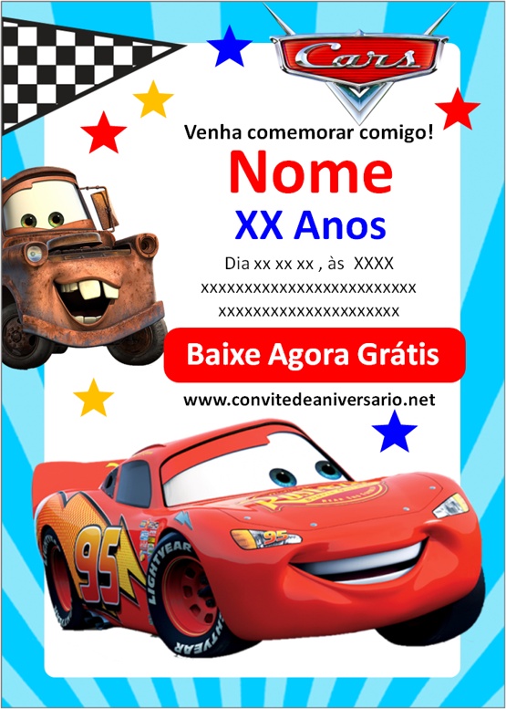 Convite Aniversário Animado Carros Lightning mcqueen dinoco