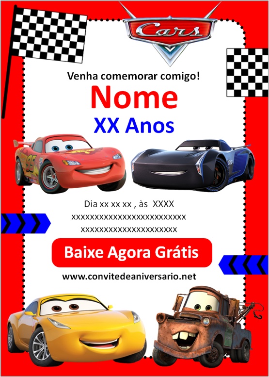 Convite Aniversário Animado Carros Lightning mcqueen dinoco