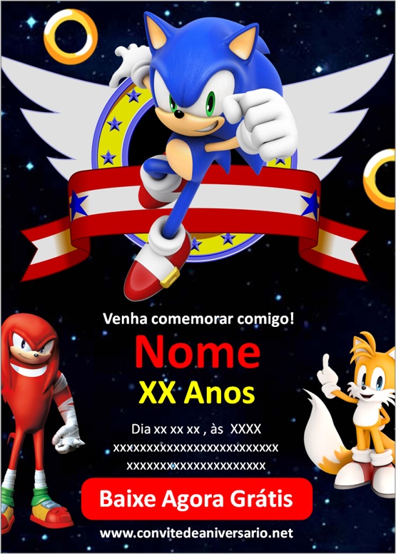 CONVITE FESTA SONIC PARA IMPRIMIR - Montando Minha Festa  Festa sonic,  Convites festa infantil, Convite aniversario infantil