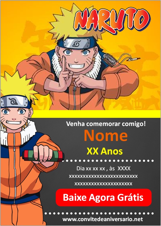 Convite de Aniversário Naruto Laranja  Convite de aniversário, Aniversário  naruto, Convites online