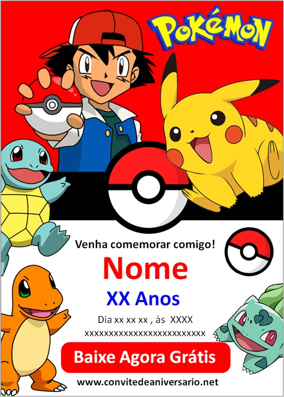 Convite aniversário pokémon menina e menino para editar