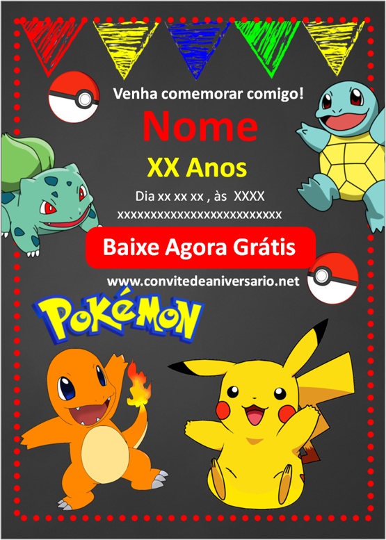 Convite aniversário pokémon menina e menino para editar