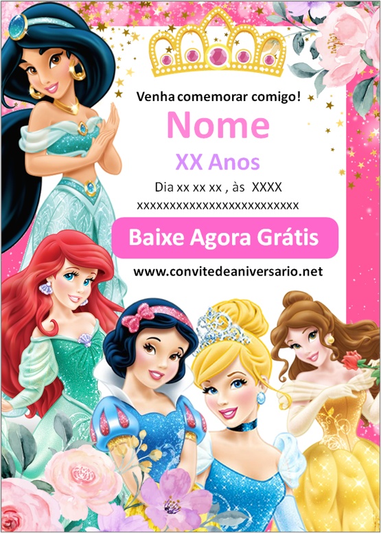 Convite Princesas para editar e imprimir grátis - Festa Free