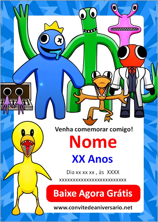 Convite Rainbow Friends Azul babão - Edite grátis com nosso editor online