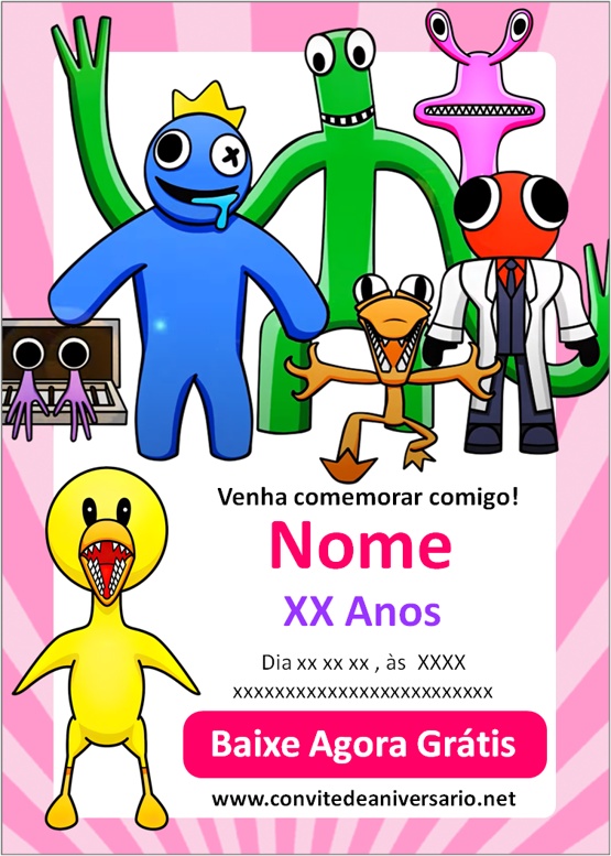 Convite aniversário Rainbow Friends - Edite grátis com nosso editor online