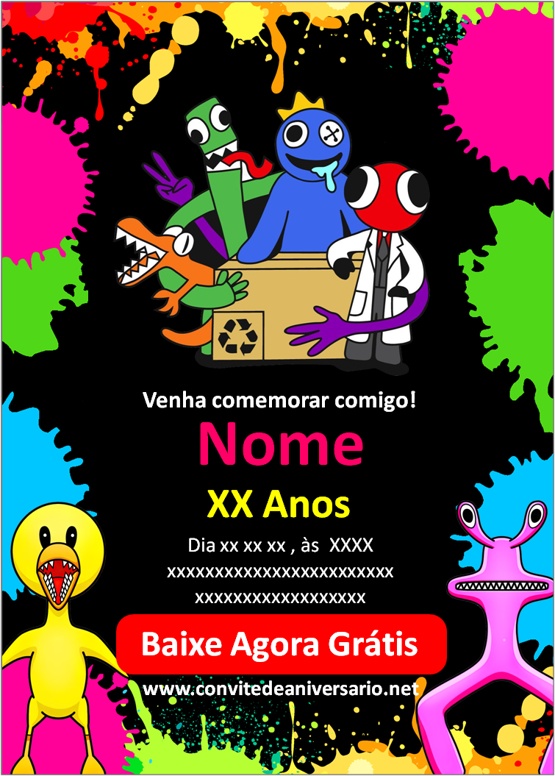 Convite aniversário Rainbow Friends - Edite grátis com nosso editor online