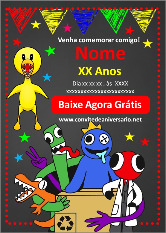 Convite aniversário Rainbow Friends - Edite grátis com nosso editor online