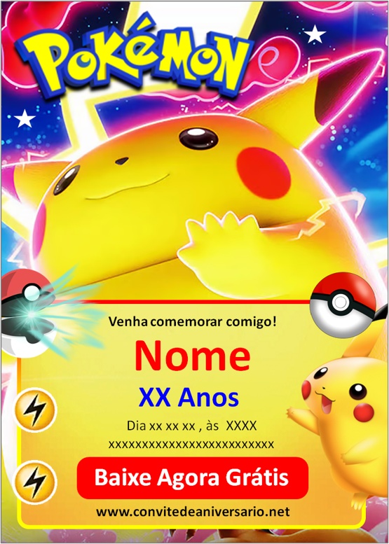 Convite aniversário pokémon menina e menino para editar