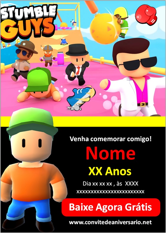 Convite de stumble guys  Muitos modelos incríveis Edite Grátis Online