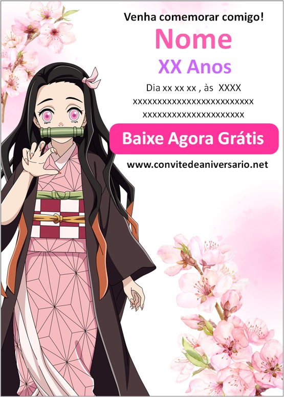 Convite de Aniversário Nezuko Demon Slayer