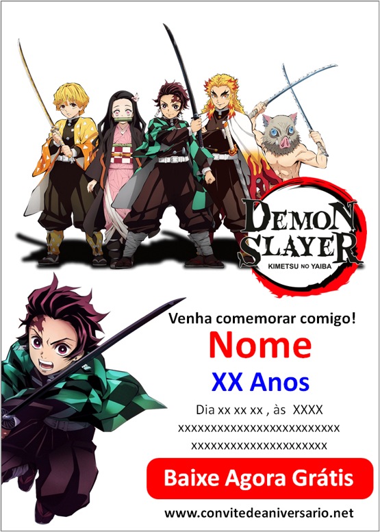 Convite Demon Slayer Anime Kimetsu no Yaiba - Edite grátis com