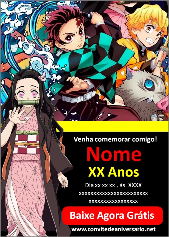 6 Convites de aniversário Demon Slayer: Kimetsu no Yaiba para