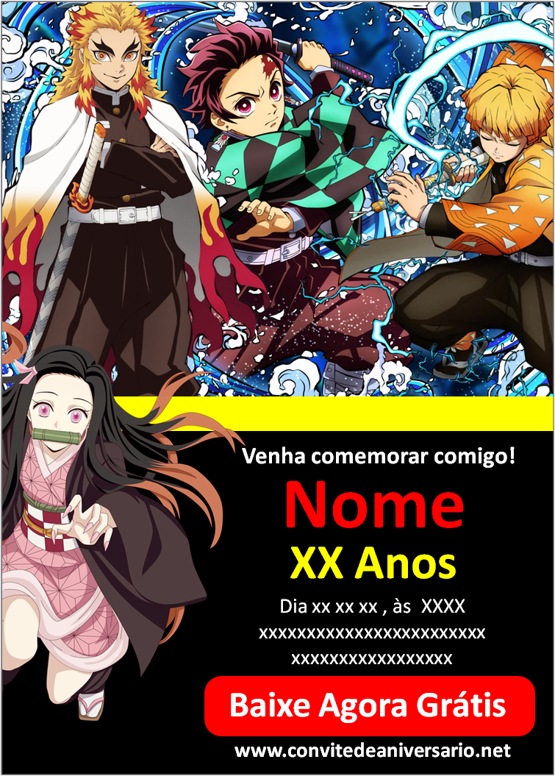 Convite Demon Slayer Anime Kimetsu no Yaiba - Edite grátis com