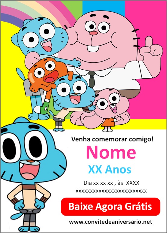 Convite O Incrível Mundo de Gumball Grátis para Festa