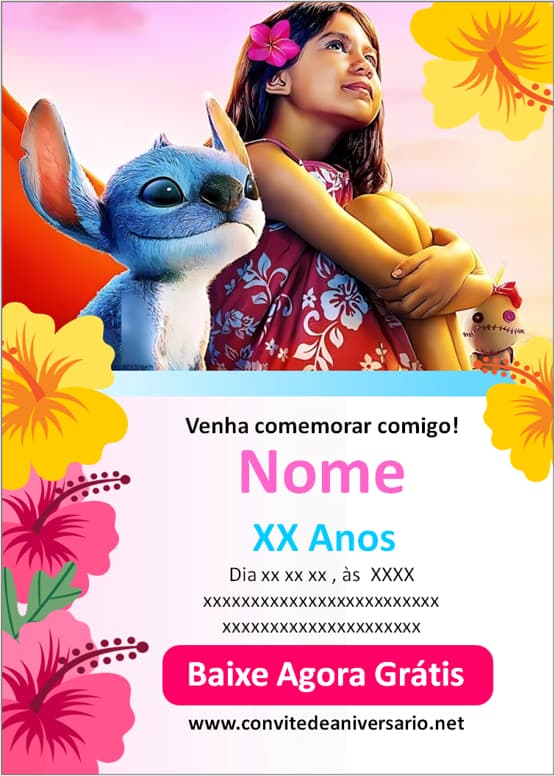convite lilo e stitch gratuito para editar
